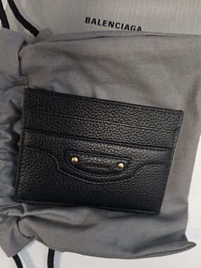Balenciaga Black Pebbled Leather Card Holder with Gold Accents